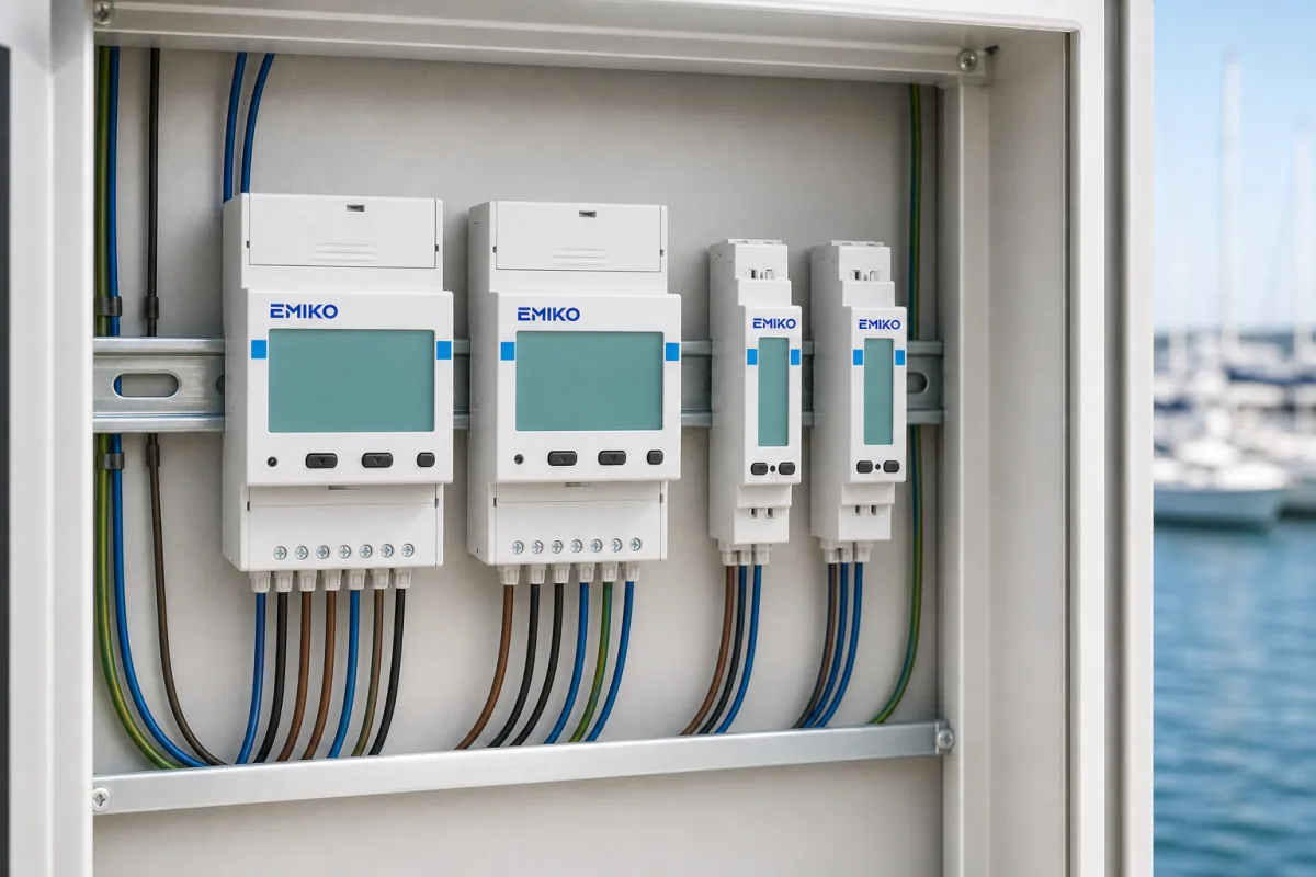Open utility cabinet with EMIKO-branded DIN meters, every face carrying the blue wordmark.