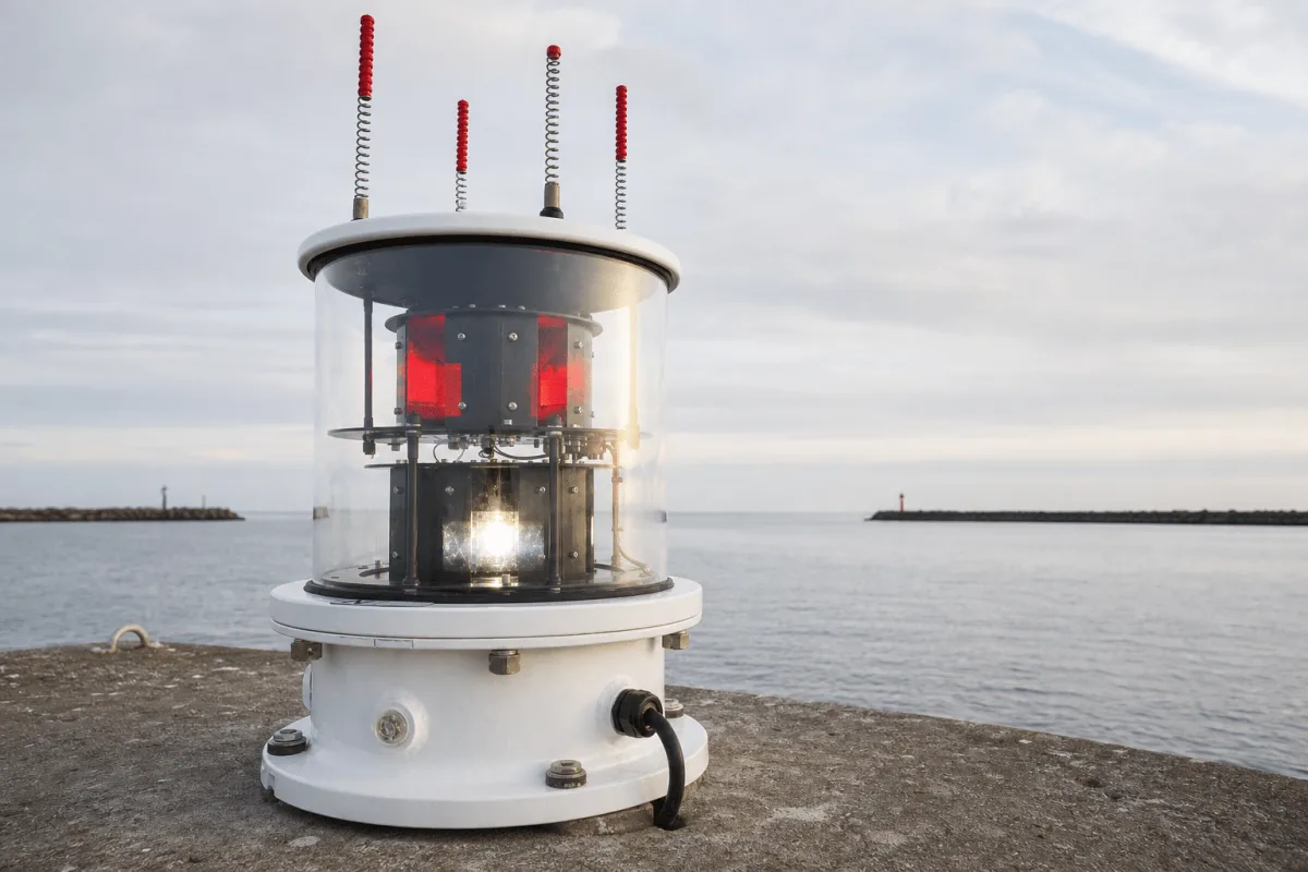 An MBL 400S LED sector light stands at the pier head with red sector panels visible through the glass drum.