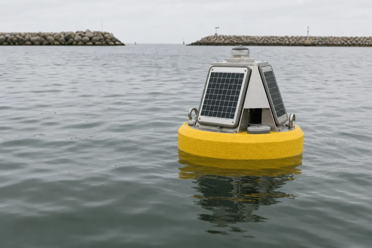 Databøje fortøjet uden for en havneindsejling med stenbølgebrydere bagved.