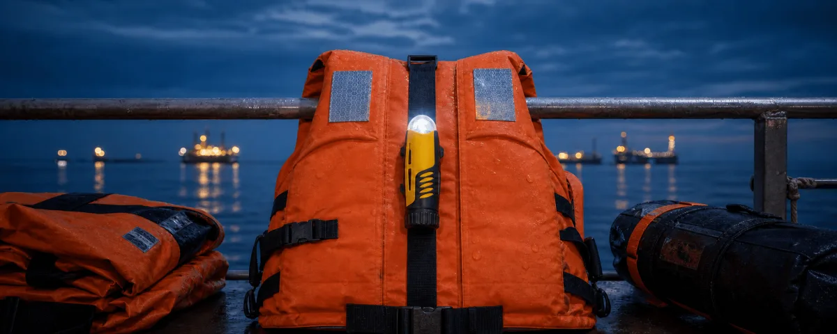 The AQ-4 MkII strobe sits at the centre of a wide offshore safety scene with a lifejacket and wet rescue gear.