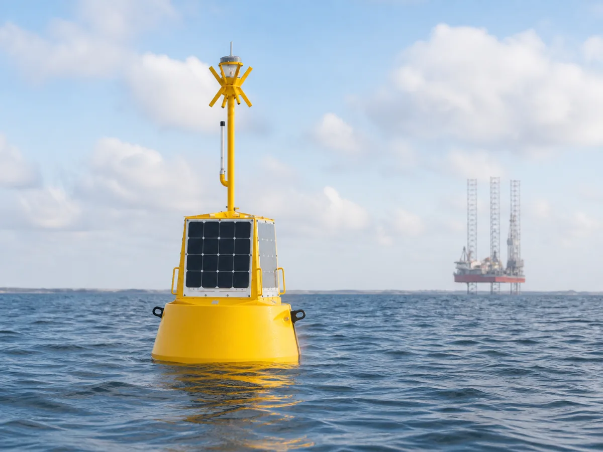 Målebøje i forgrunden med en jack-up rig i horisonten af en offshore arbejdsplads.