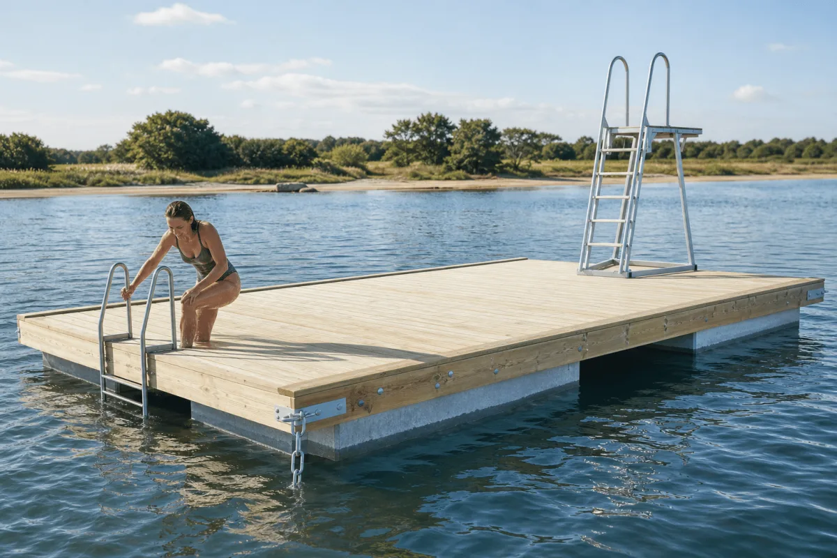 A swimmer climbs onto the Swim Dock using its low stainless-steel ladder on a bright summer day.