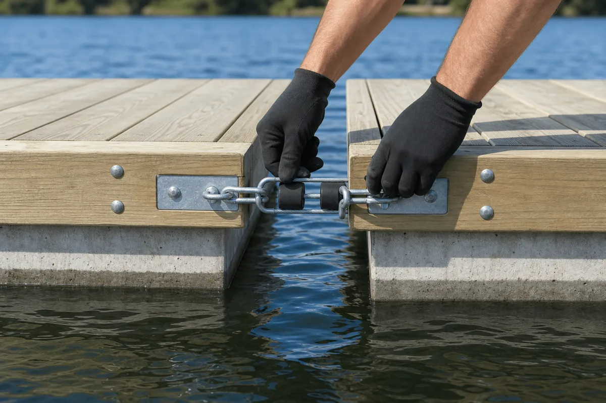 Two Swim Dock modules are joined at the waterline with galvanized wire and rubber coupling elements.