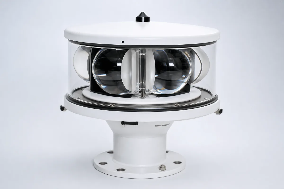 The large Beacons angle beacon is presented in three-quarter view with prominent clear reflector optics and a central spike.