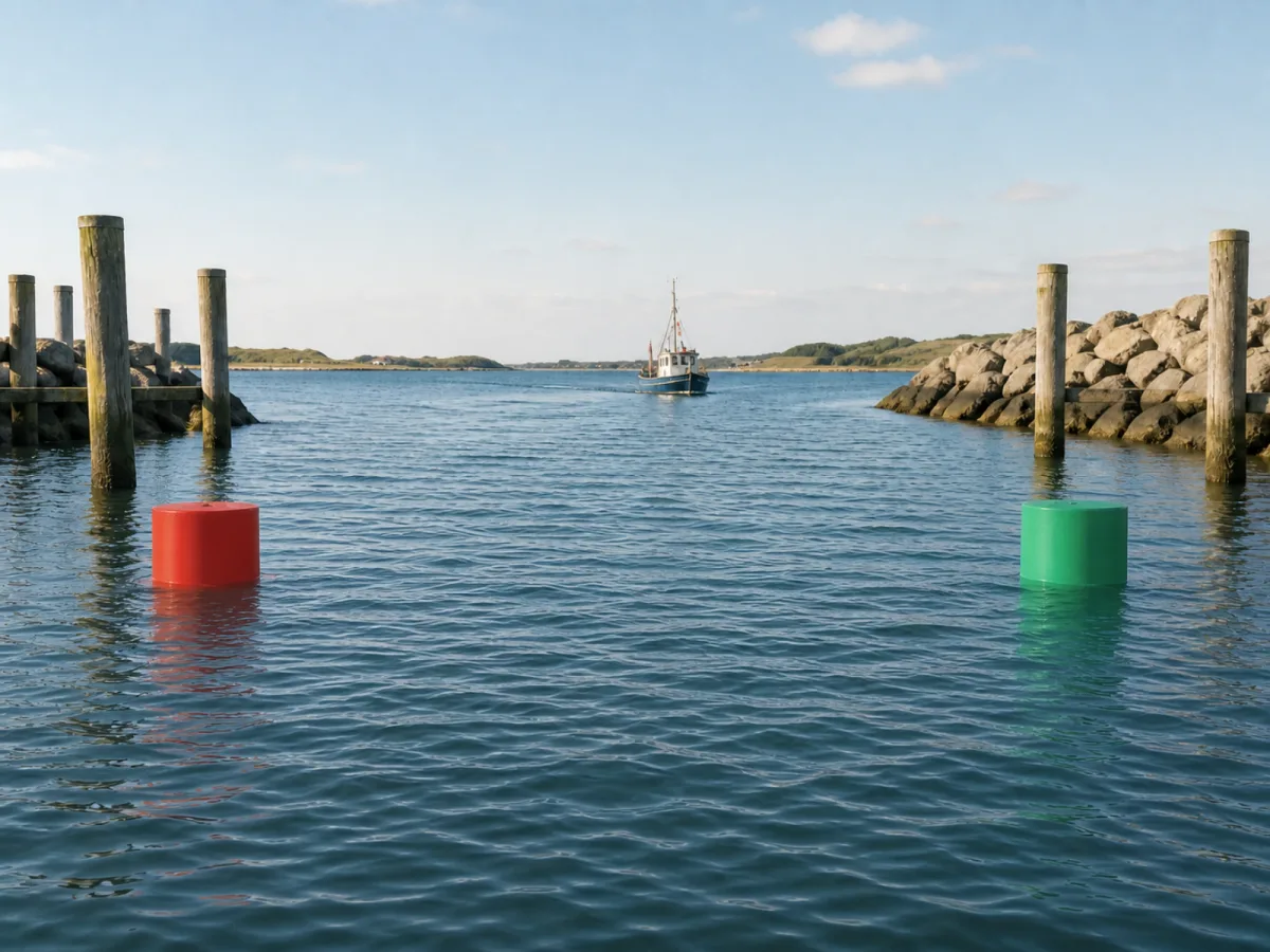 Red and green BEA marker buoys floating low in the water while marking the sides of a small harbor channel.