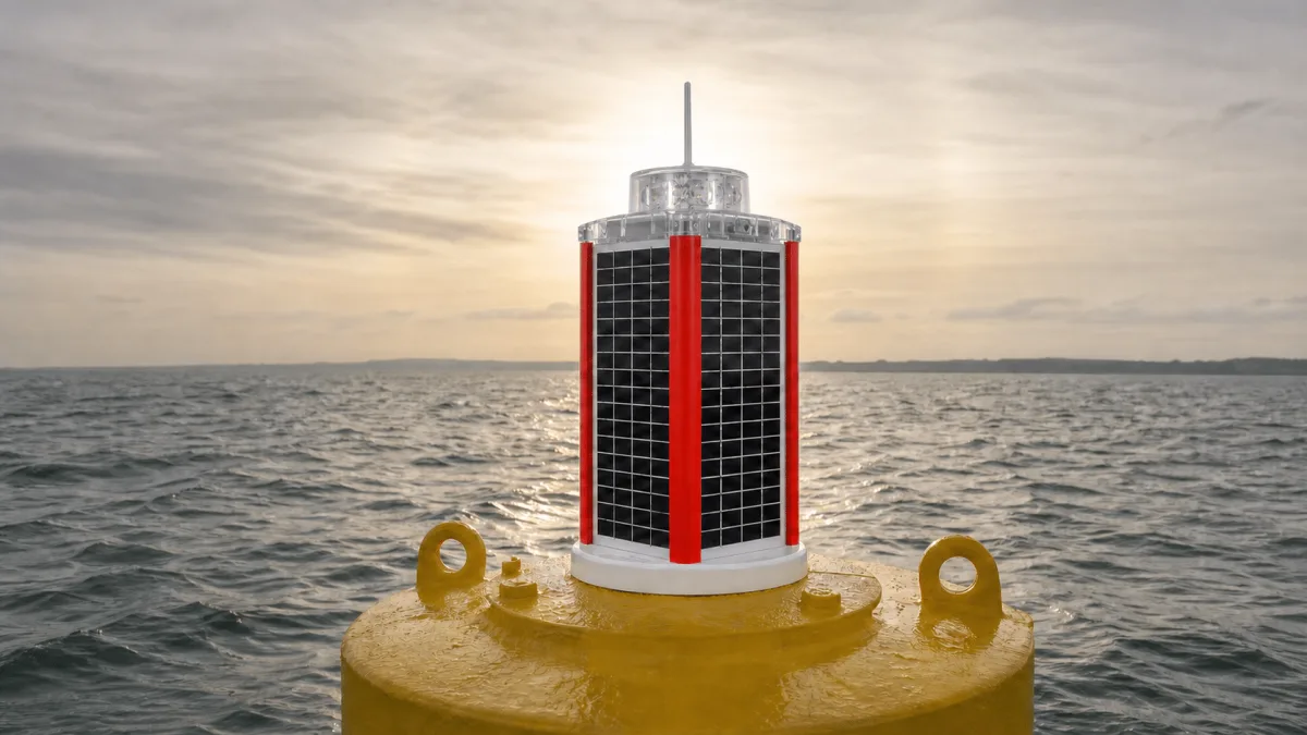 MCL 360 Solar Lantern mounted on a yellow buoy at sea with the low Nordic sun behind it.