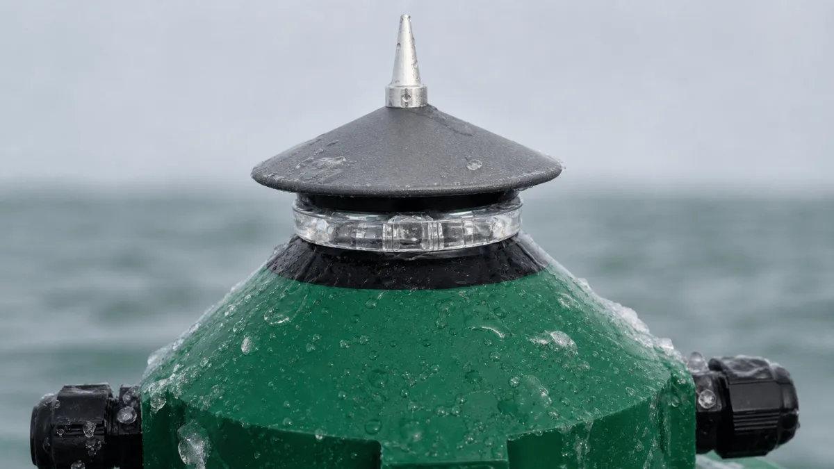 Nova-65 LED Lantern lens ring and weather cap covered with frozen winter sea spray.