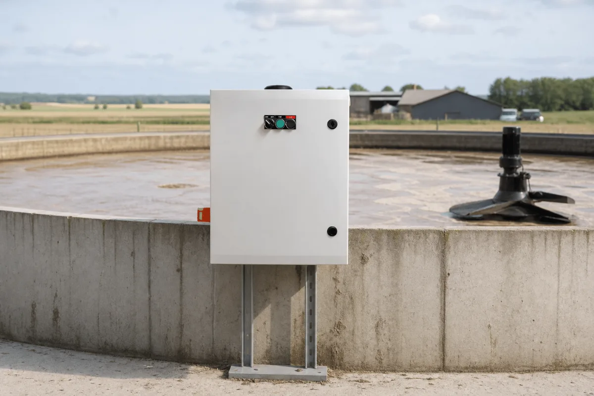 BioWatch monitoring cabinet installed beside a Danish farm slurry tank and mixer in bright daylight.