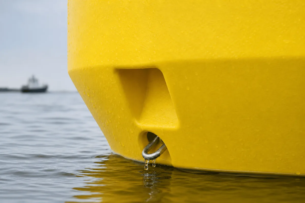 Physical Buoys FLC navigation buoy shown close up at the moulded mooring eye with water dripping.