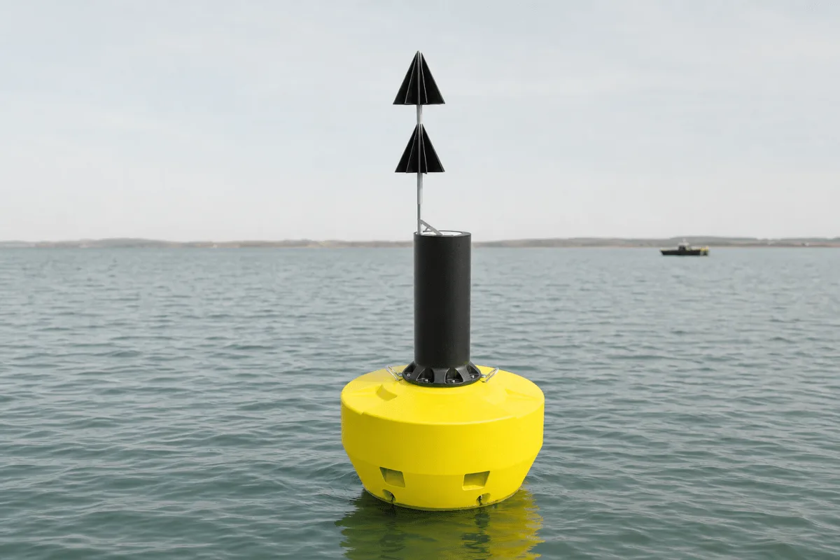 Physical Buoys FLC Series navigational buoy presented in a clean three-quarter view on Nordic coastal water.
