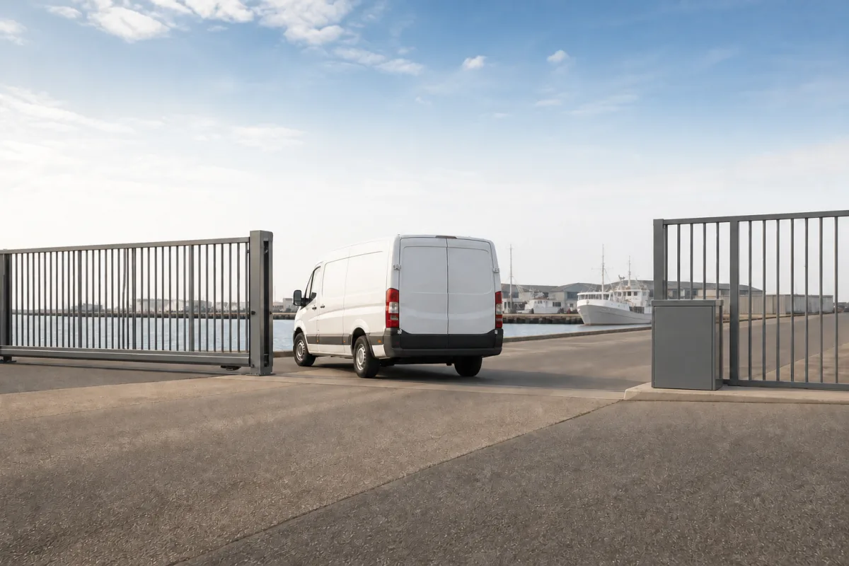 Unmarked white service van passing through a half-open industrial gate into a calm harbor area.
