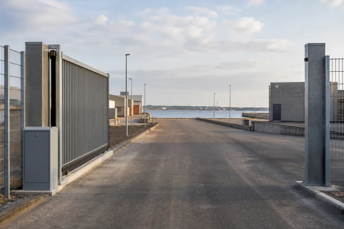 Fully open industrial gate framing an empty port road leading toward the water in late-afternoon light.