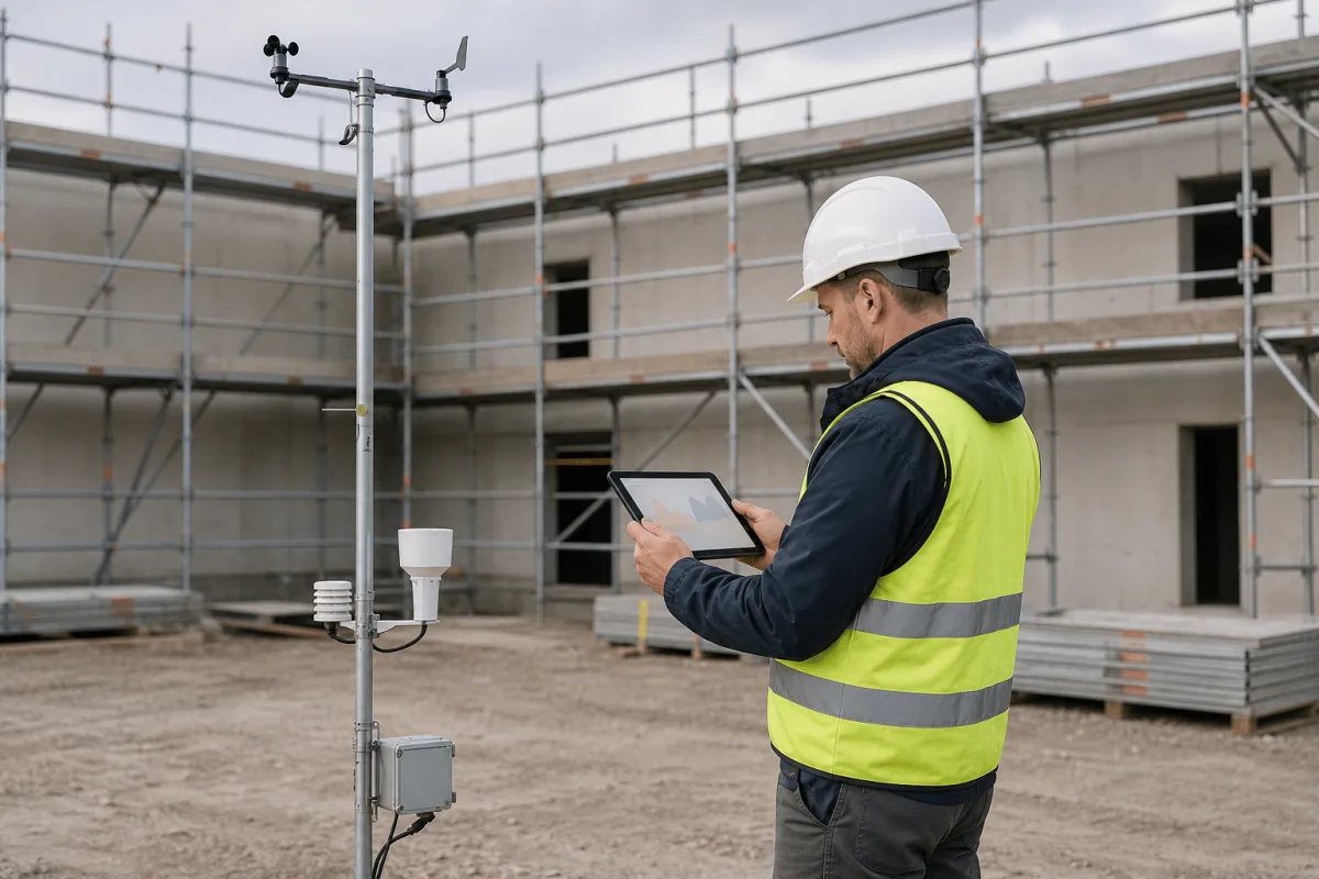 Cumulus weather station beside a site manager checking wind data on a tablet in front of scaffolding.