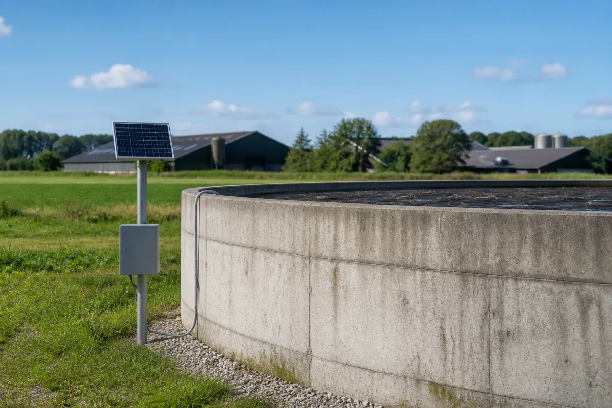 Round slurry tank on a Danish farm with the closed grey FlexGylle cabinet and solar panel on a post beside it.