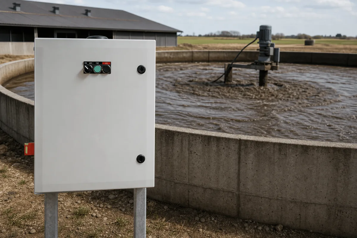 BioWatch cabinet in the foreground while a slurry mixer stirs the tank surface behind it.