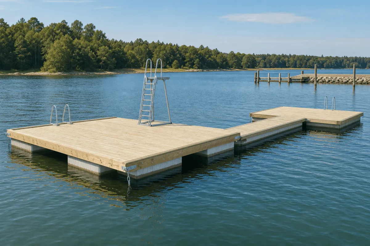 The Swim Dock connects to matching floating modules in a complete T-shaped bathing layout.