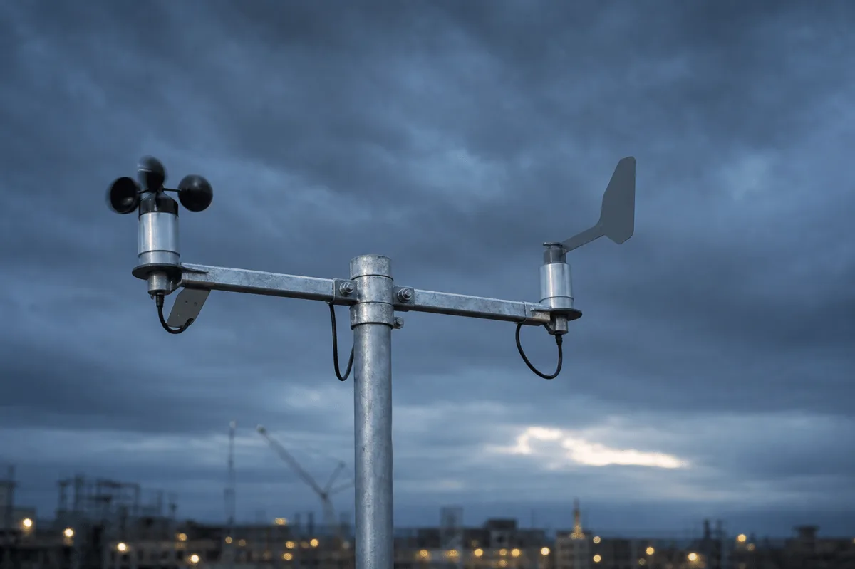 Cumulus weather station cup anemometer and wind vane operating in strong wind beneath a dark dusk sky.