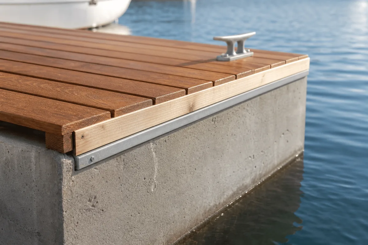A material detail of Vikingegaarden wooden and concrete floating pontoons highlights oiled timber planks meeting the grey concrete float edge.