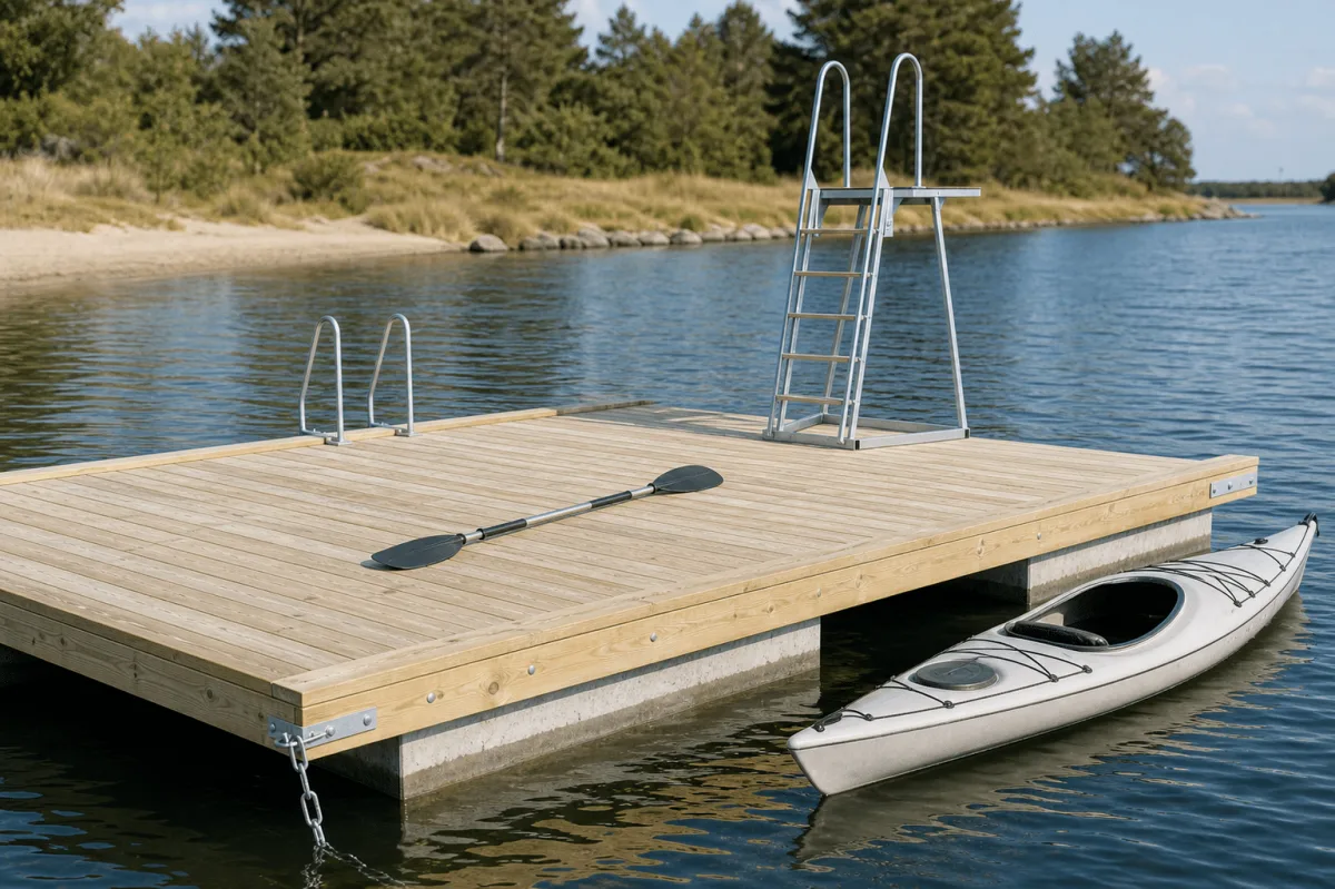 A kayak rests alongside the Swim Dock while a paddle lies across the pale timber deck.