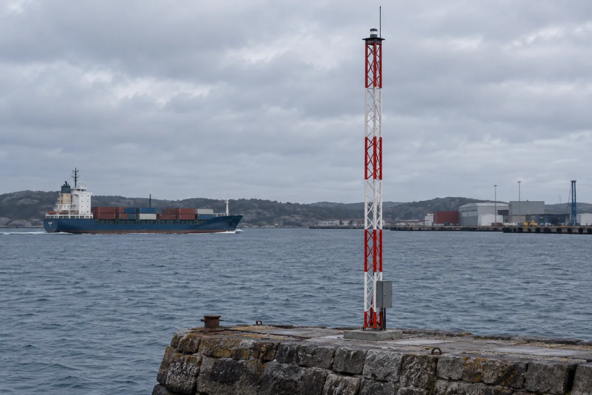 MarineGuard mast at the end of a stone jetty in a working harbor with a cargo ship passing behind.