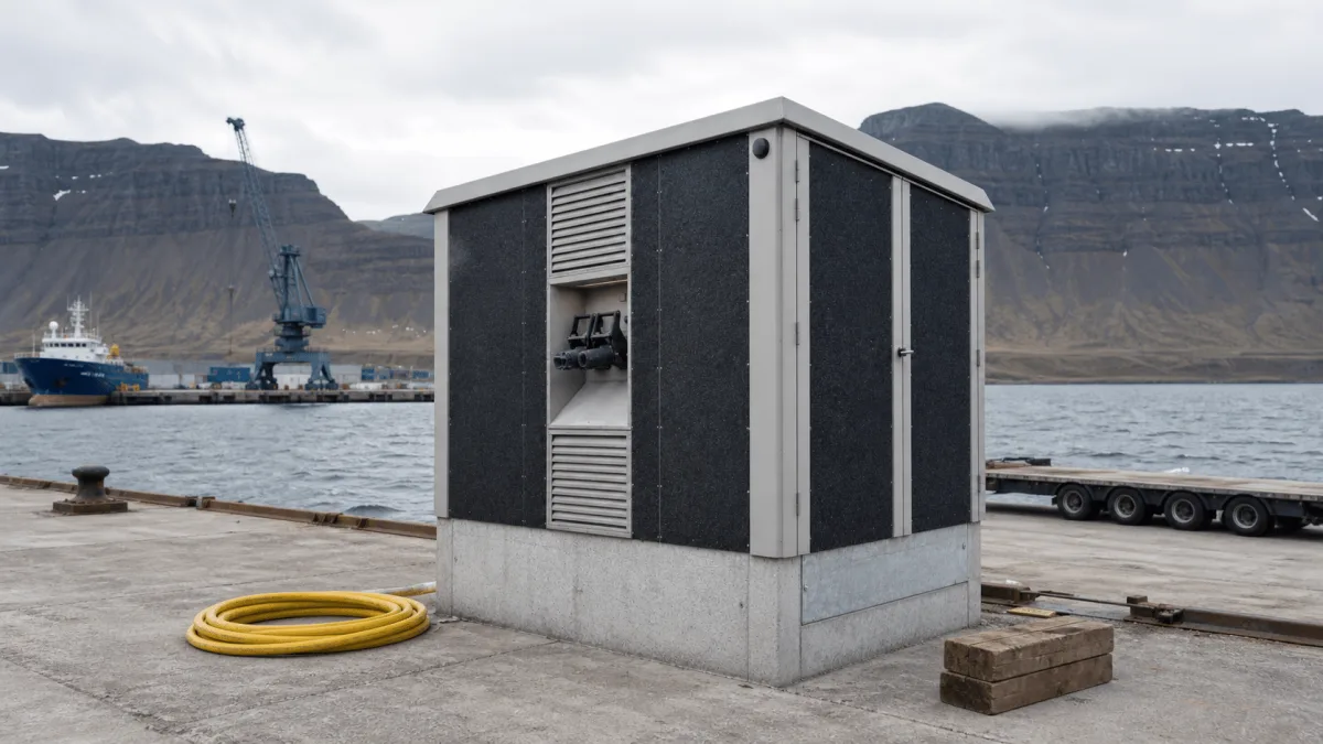 MarineMax appears freshly delivered on an Icelandic pier with a grey sea and volcanic mountains behind it.