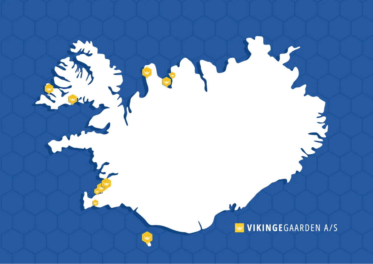 Map of Iceland with Vikingegaarden customer locations marked around the coast.