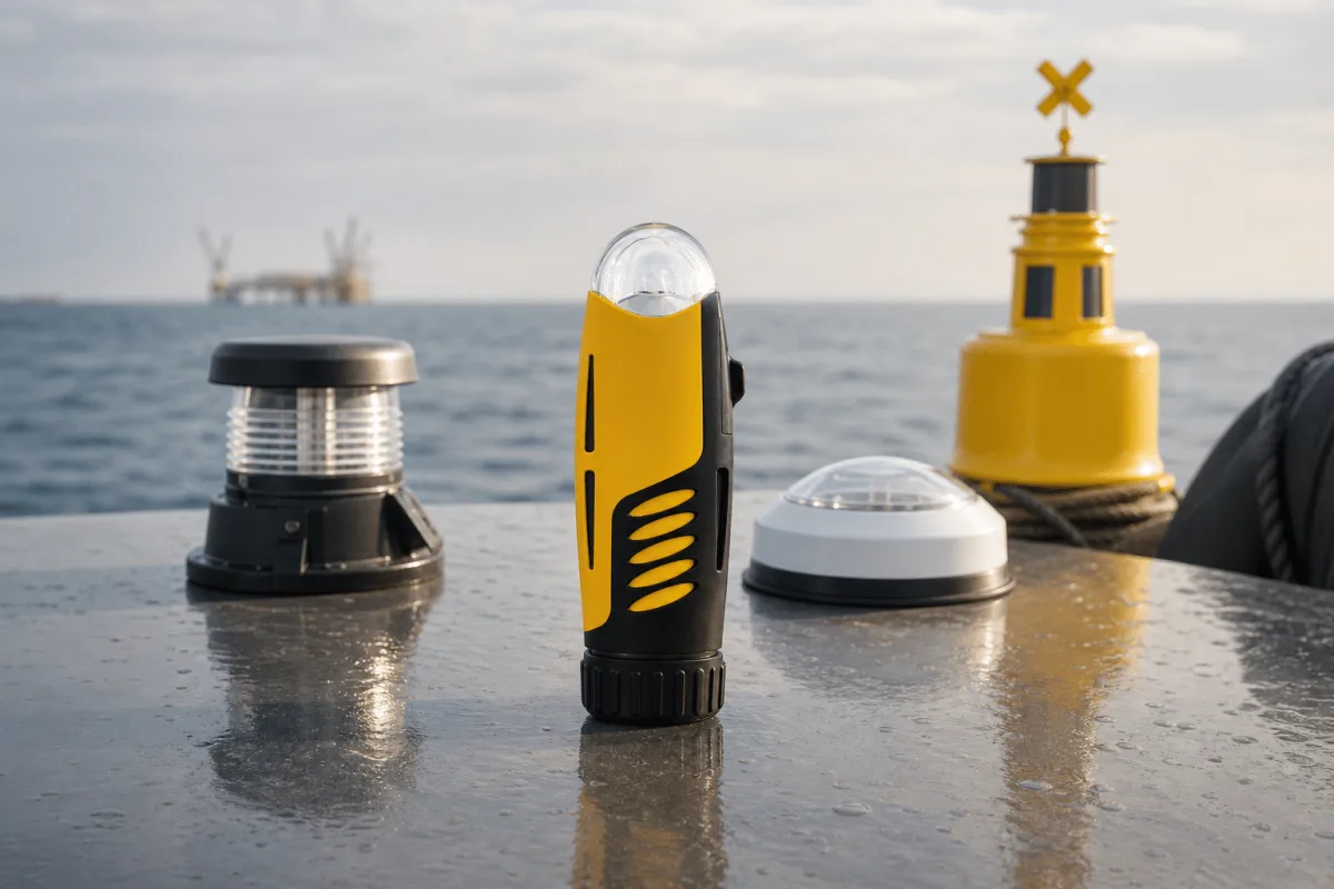 The AQ-4 MkII is displayed with marine marker lights, a navigation lantern and a buoy on an offshore workbench.