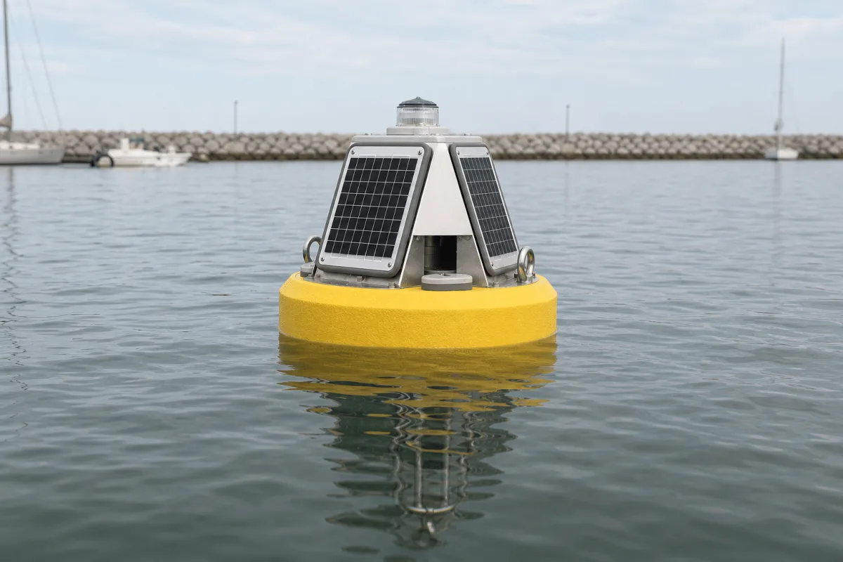 Solar powered data buoy floating on calm grey-green water near a Danish harbor.