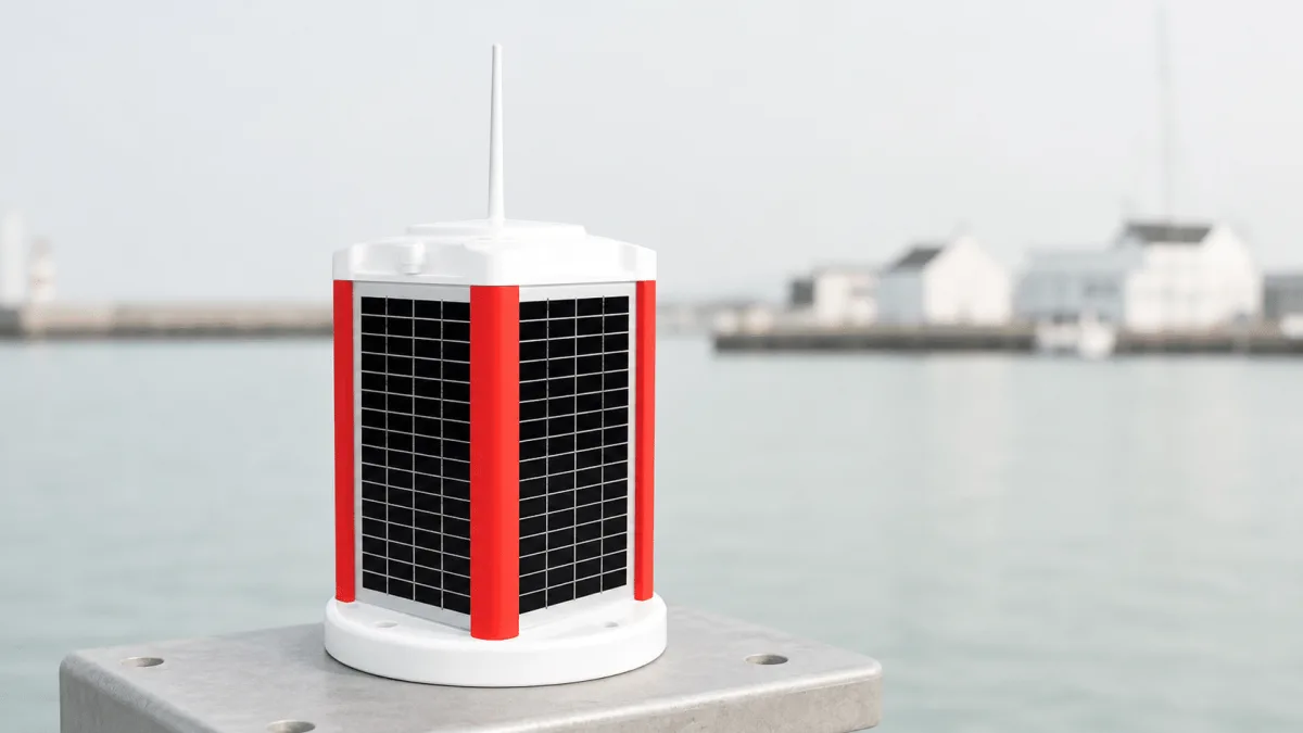 Compact LED marine lantern with an integrated solar-panel body presented against a clean Nordic harbor background.