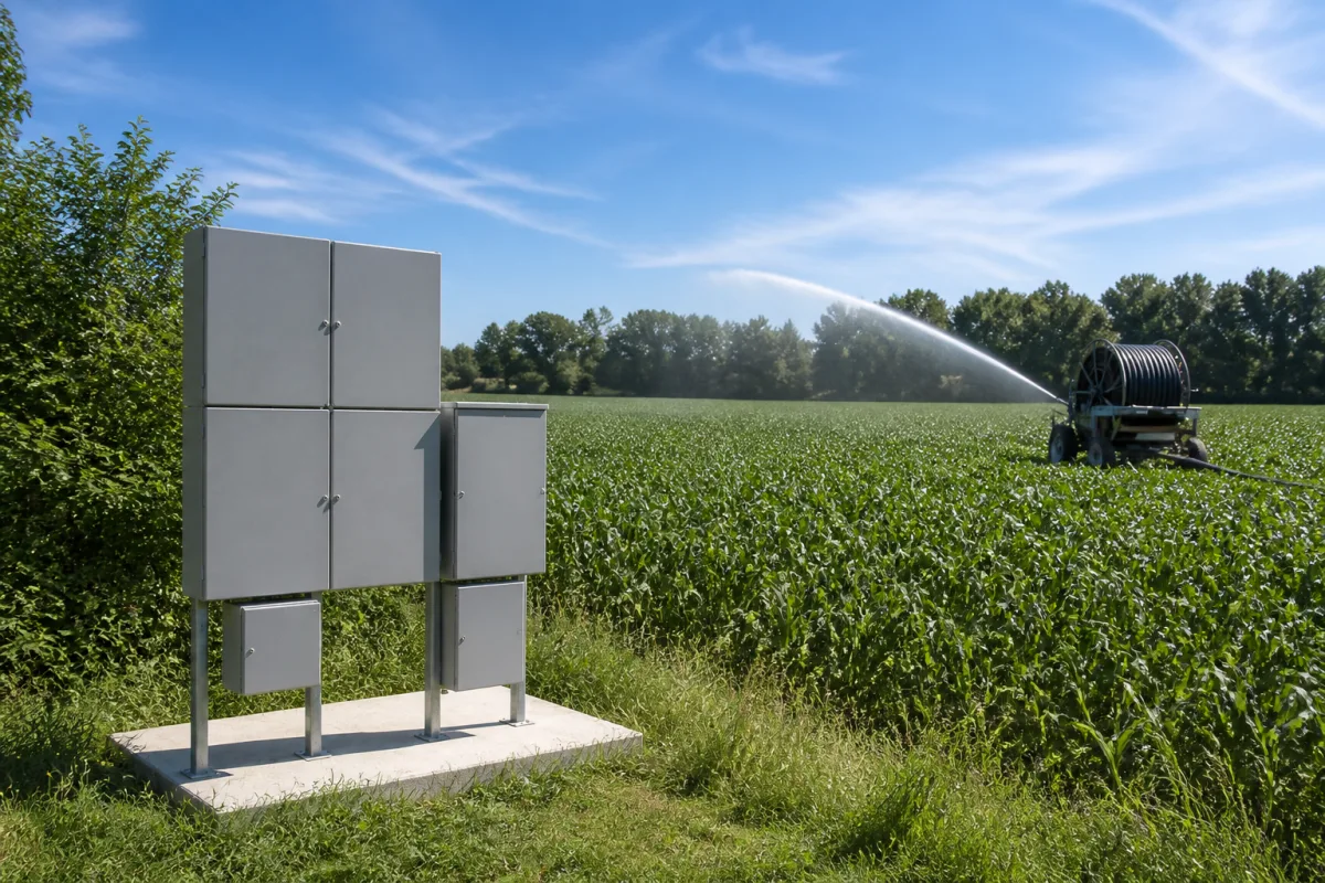 Closed grey control cabinets at the field edge with a hose-reel irrigator throwing an arc of water behind.
