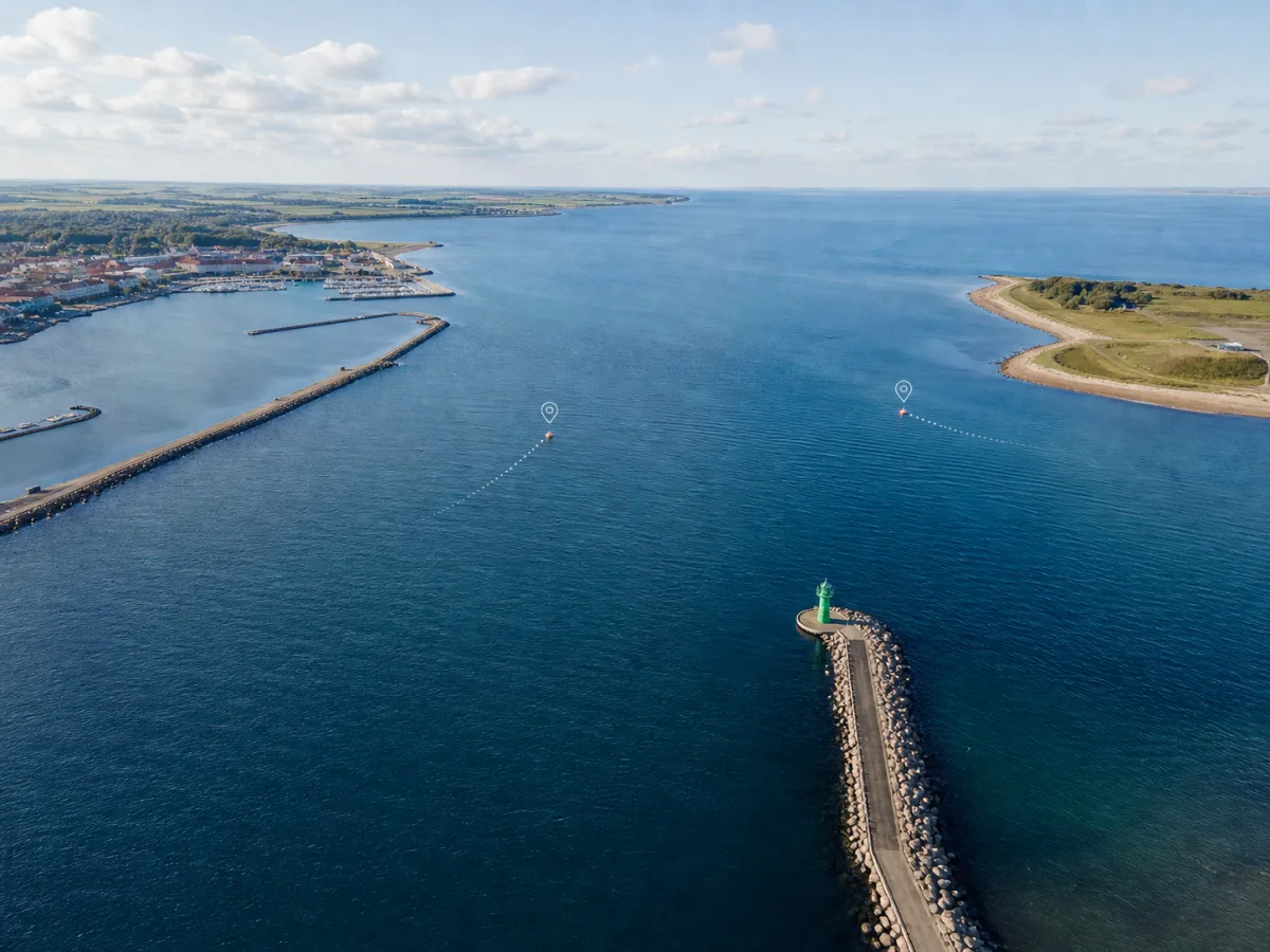 Aerial view of a Danish harbor entrance where two tracked buoys carry location pins and short dotted GPS trails.