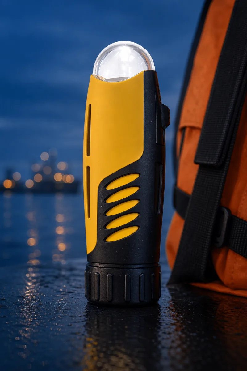 A close portrait view of the AQ-4 MkII shows its clear dome, textured grip, attachment clip and ribbed base cap.