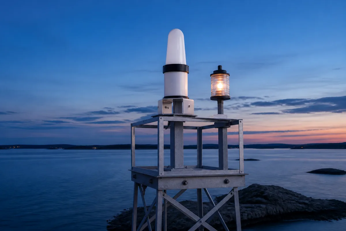 HEKLEO 2 XS bracket-mounted at the top of a small coastal beacon tower beside a lit navigation lantern at dusk.