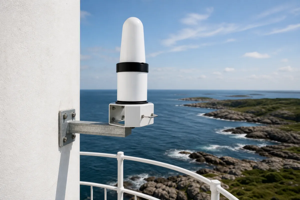 HEKLEO 2 XS on a wall bracket high on a white lighthouse tower wall above the coast.