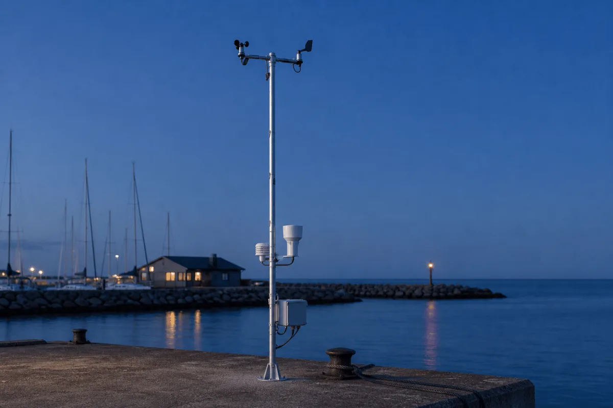 The Cumulus weather station stands on a quiet pier at blue hour with a red harbor light glowing in the distance.