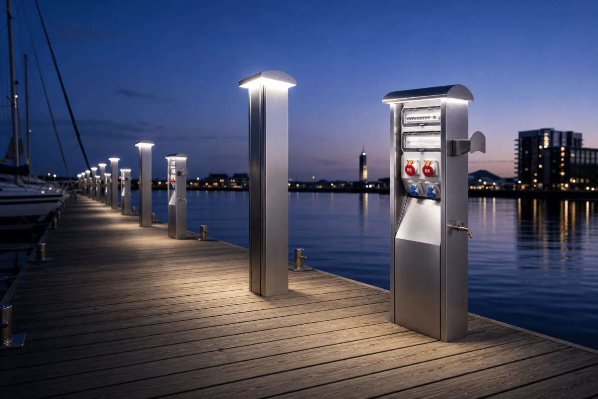 Marinella NEO Stands and Marinella NEO Light columns glow along a calm marina pier at blue hour.