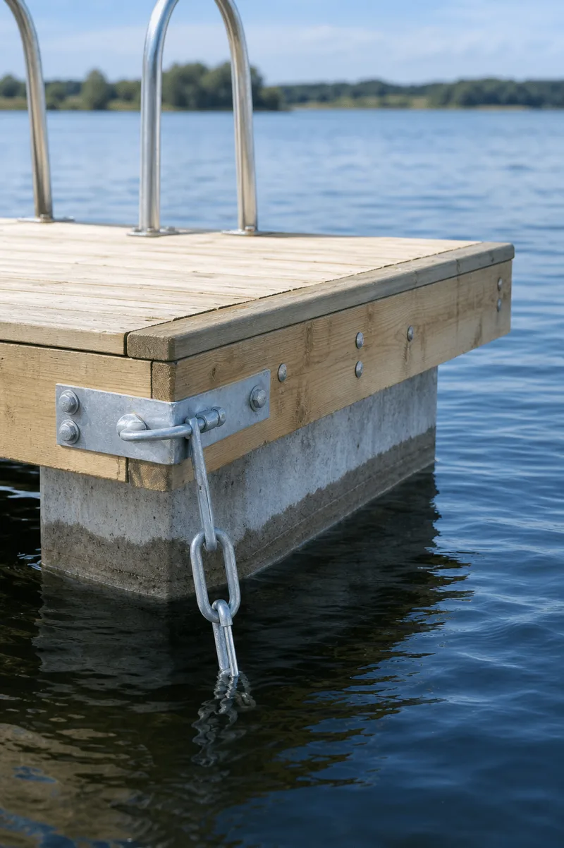 A close view of the Swim Dock shows its timber deck, concrete pontoon edge and galvanized corner hardware.