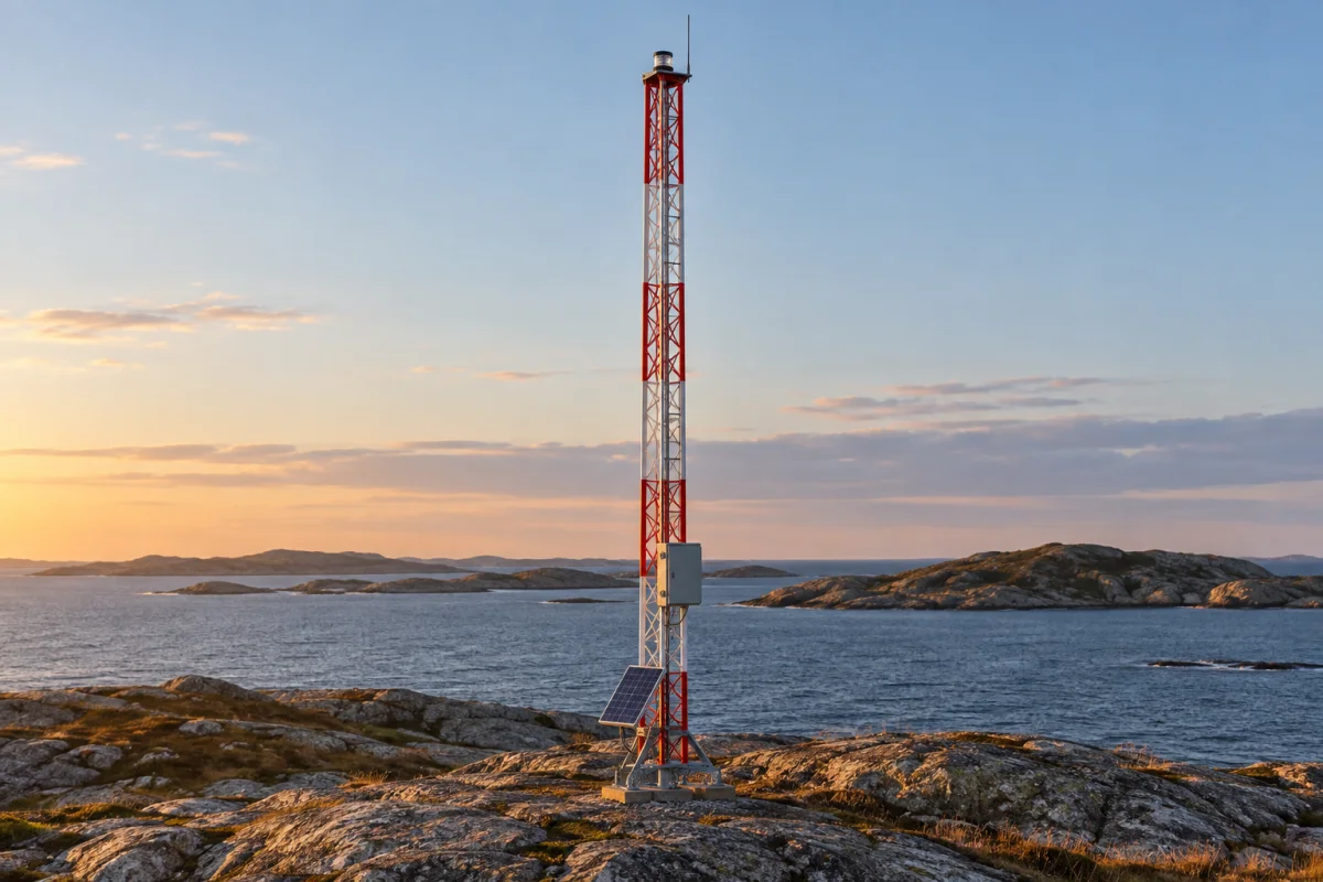 MarineGuard mast on coastal rocks in golden light with a small solar array on its base frame.