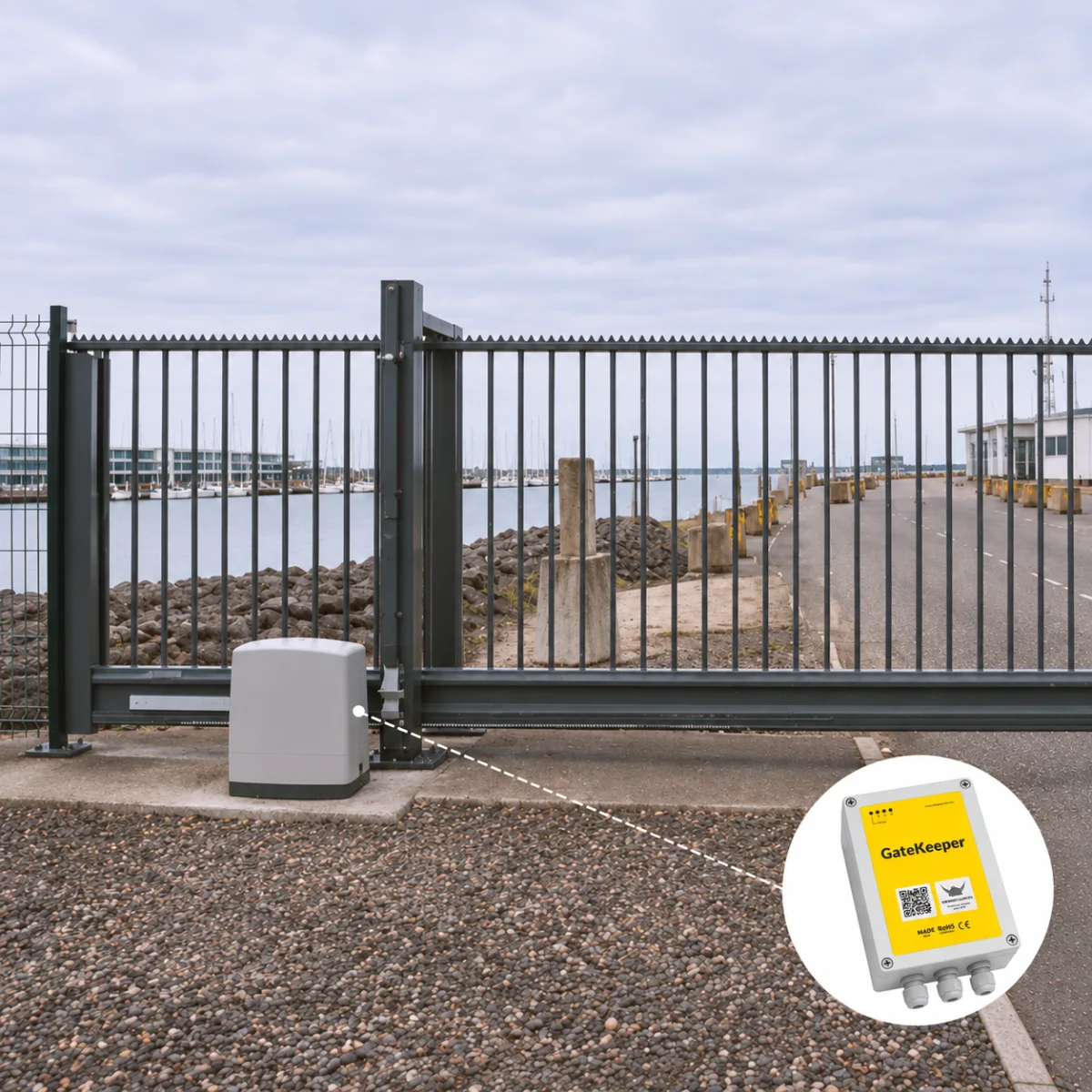 Closed sliding gate across a harbour road with its grey operator housing beside the rail, the marina and quay behind it, and an inset of the yellow GateKeeper controller that drives it.