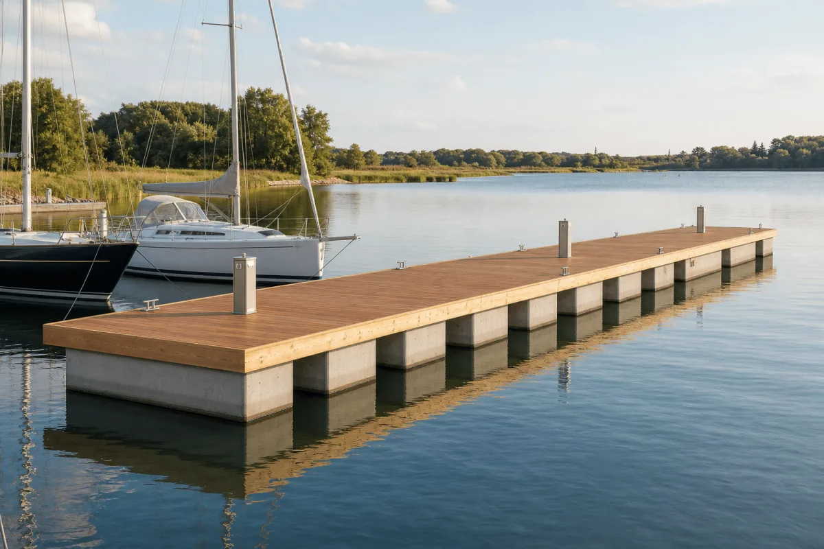 Vikingegaarden wooden and concrete floating pontoons form a long timber-decked pier beside sailing boats on calm Danish water.
