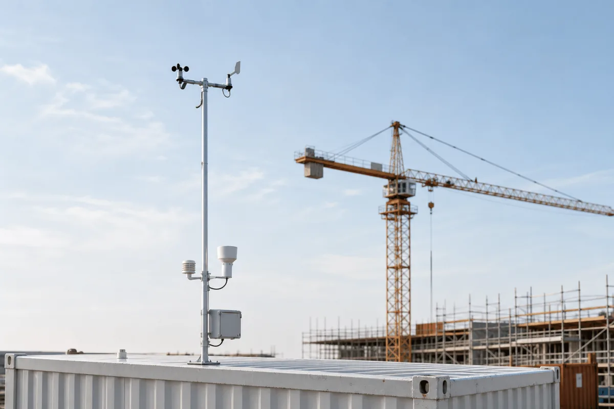 Cumulus weather station mounted on a site-office container roof with a tower crane behind it.