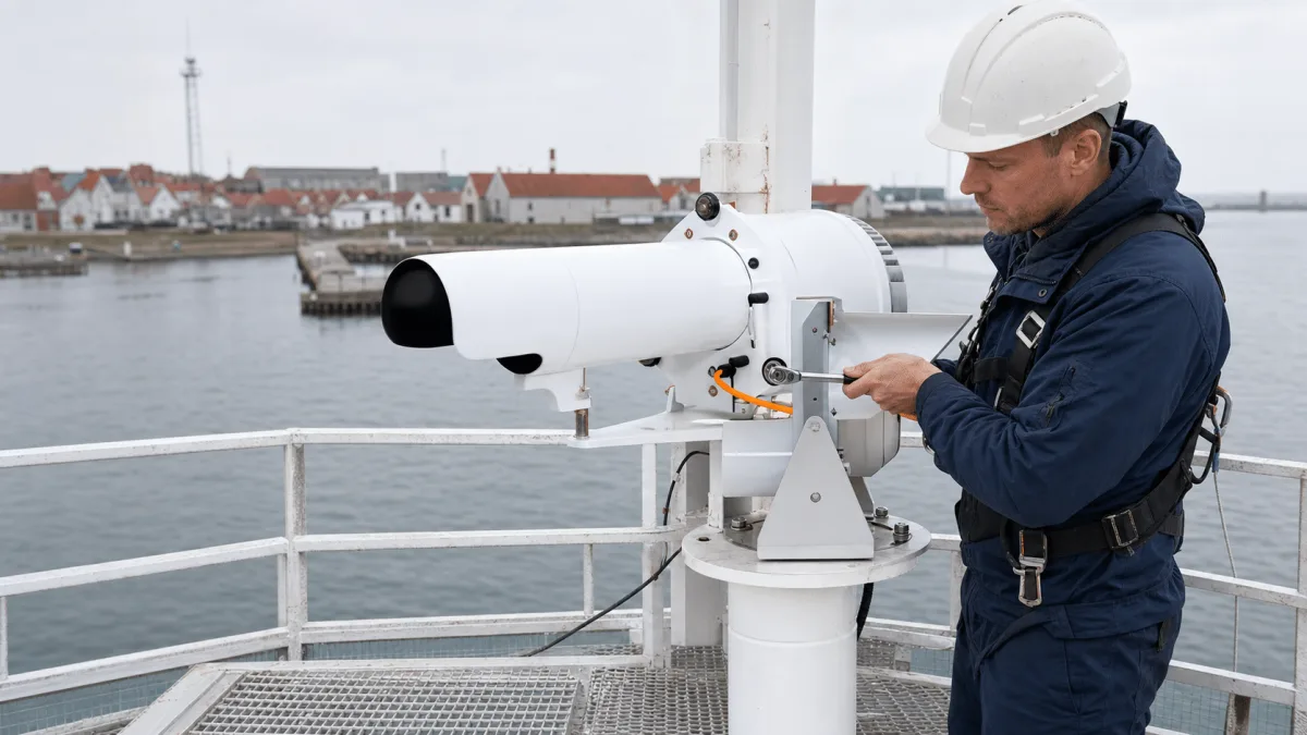 A technician aligns a directional range light on its adjustable harbor mast bracket.
