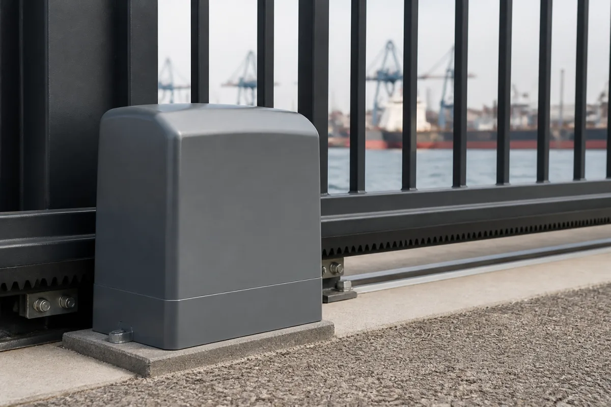 Weatherproof closed grey operator housing beside the rail of an industrial sliding gate.