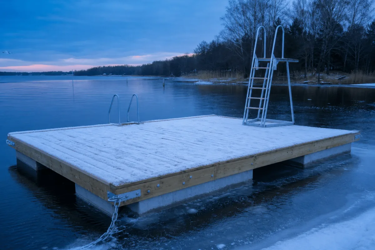The Swim Dock floats in quiet winter water with snow on the deck and thin ice around its edges.