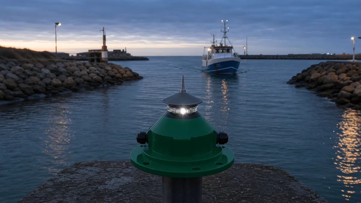 Nova-65 LED Lantern flashing at blue hour as a fishing vessel enters the harbor.