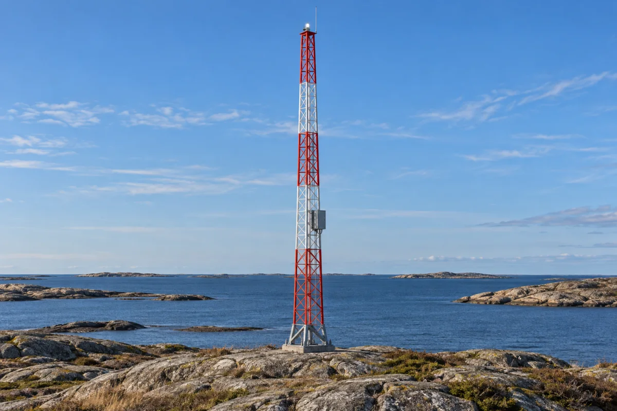 MarineGuard lattice mast on a rocky shore with its lantern at the top and the grey PowerGuard cabinet at mid height.