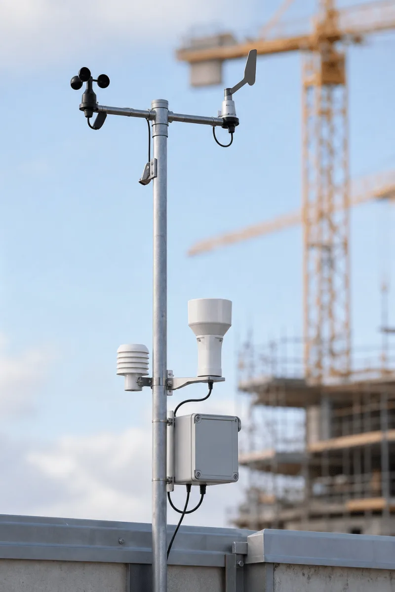Close portrait view of the Cumulus weather station anemometer, wind vane, sensors and logger enclosure.