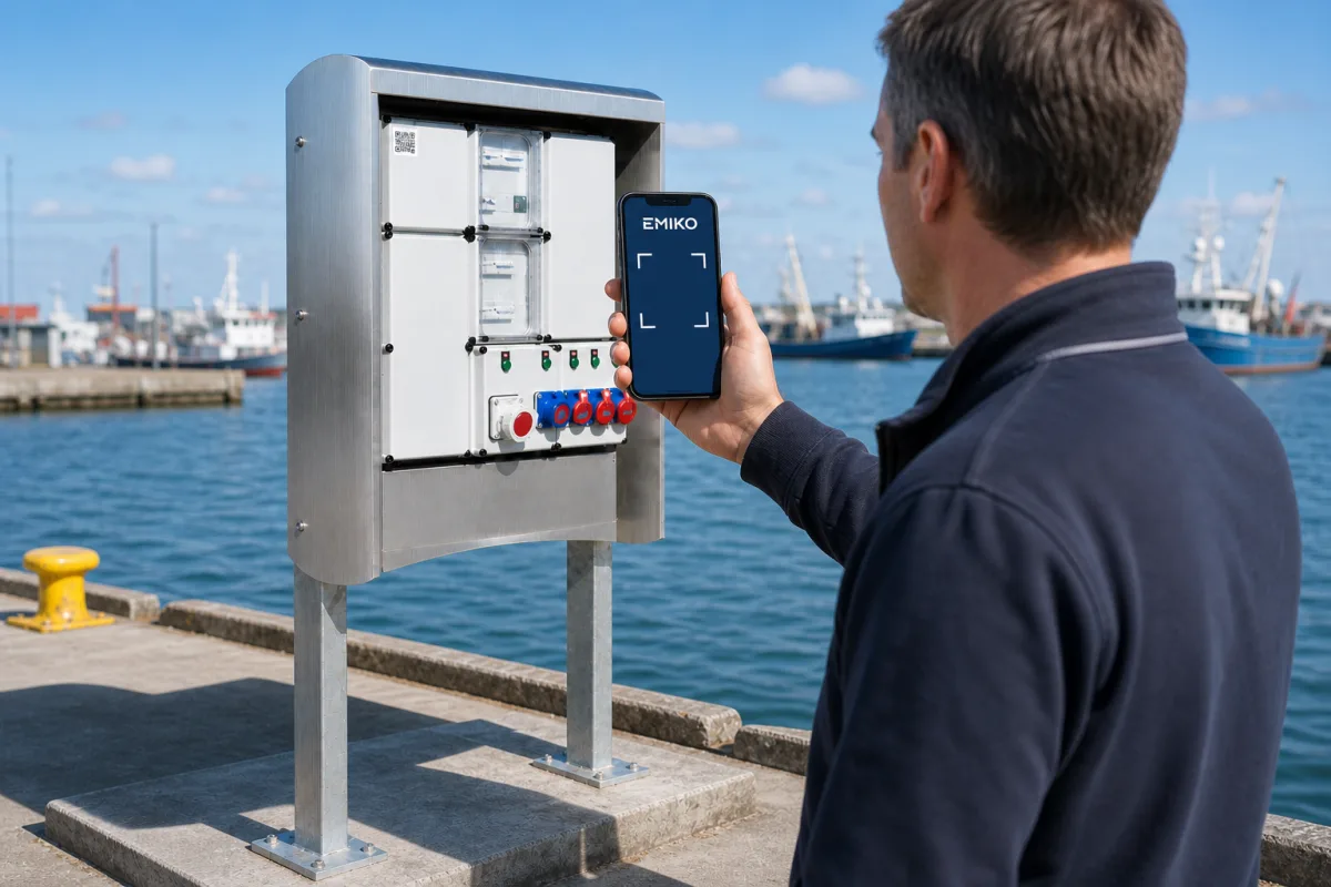 A customer scans the QR label on a Marineium pedestal with the EMIKO app, fishing harbor behind.