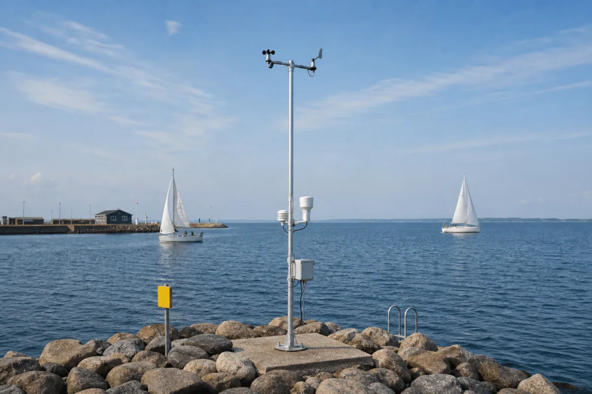 The Cumulus weather station stands on a harbor breakwater as two sailing boats pass through the entrance behind it.