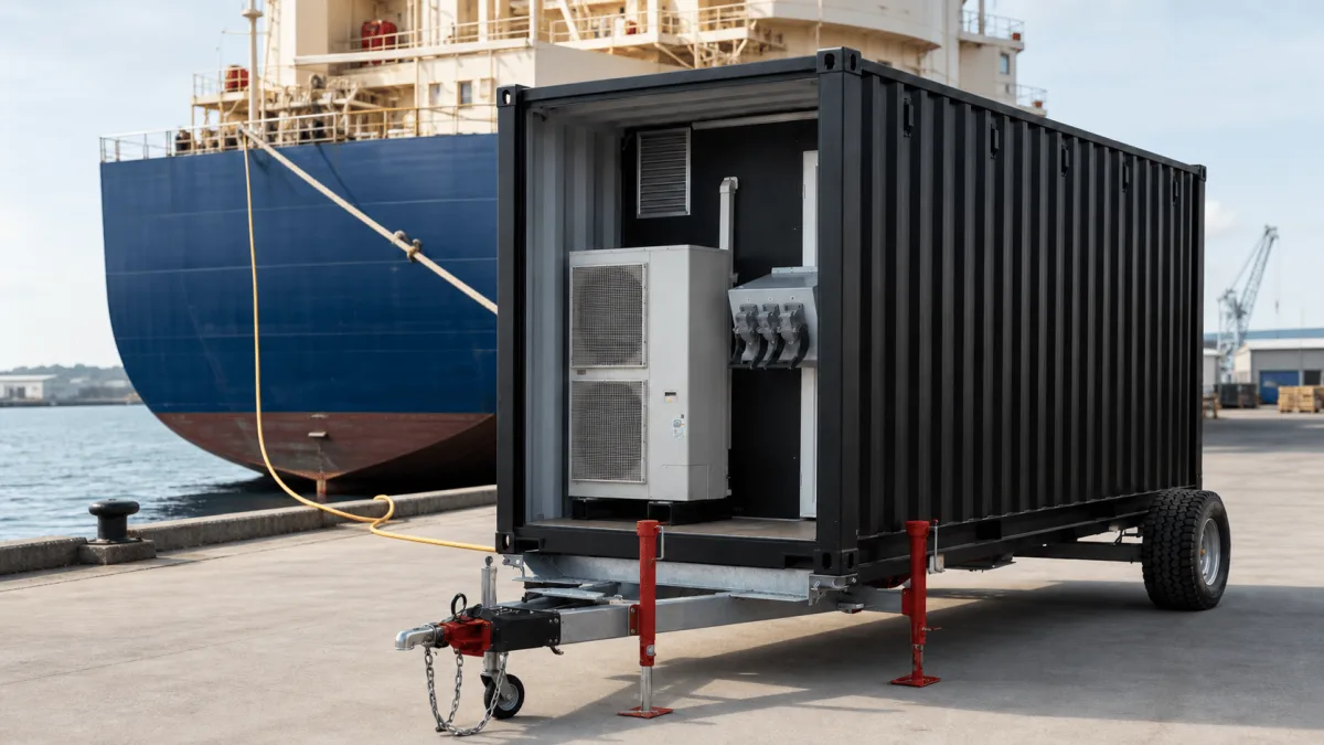 A ShoreSupply container unit on the dock beside a moored vessel